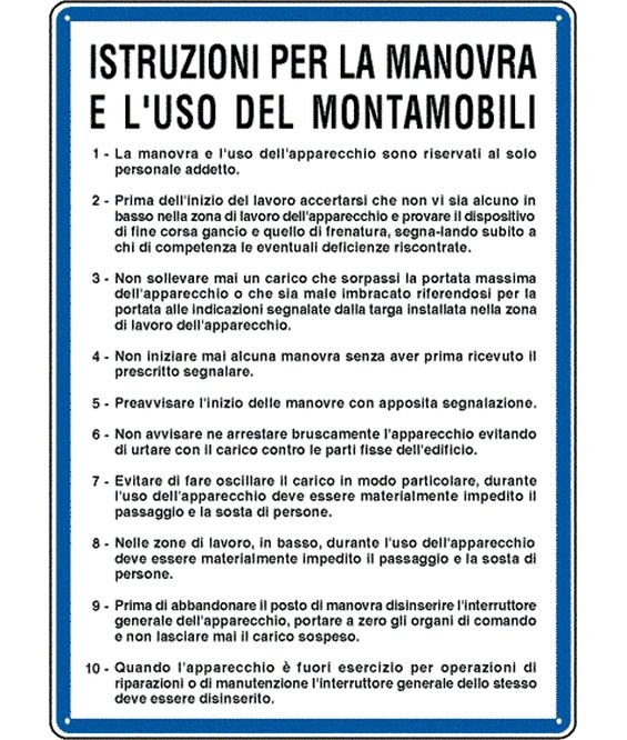 Cartello 'istruzioni Per La Manovra E L'uso Di Montamobili' - SEG 3621