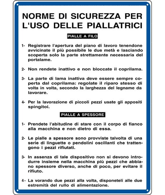 Cartello Norme Di Sicurezza Per L Uso Delle Piallatrici Seg