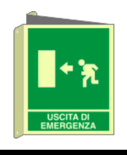 Cartello bifacciale fotoluminescente 'uscita di emergenza a sinistra'  Din Plus